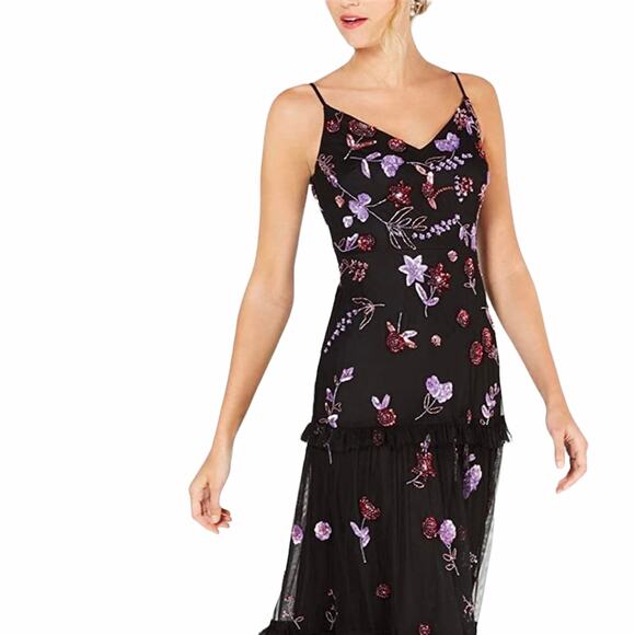 ADRIANNA PAPELL Embroidered Purple Beaded Floral Maxi Gown Dress – US 14 - Picture 7 of 9